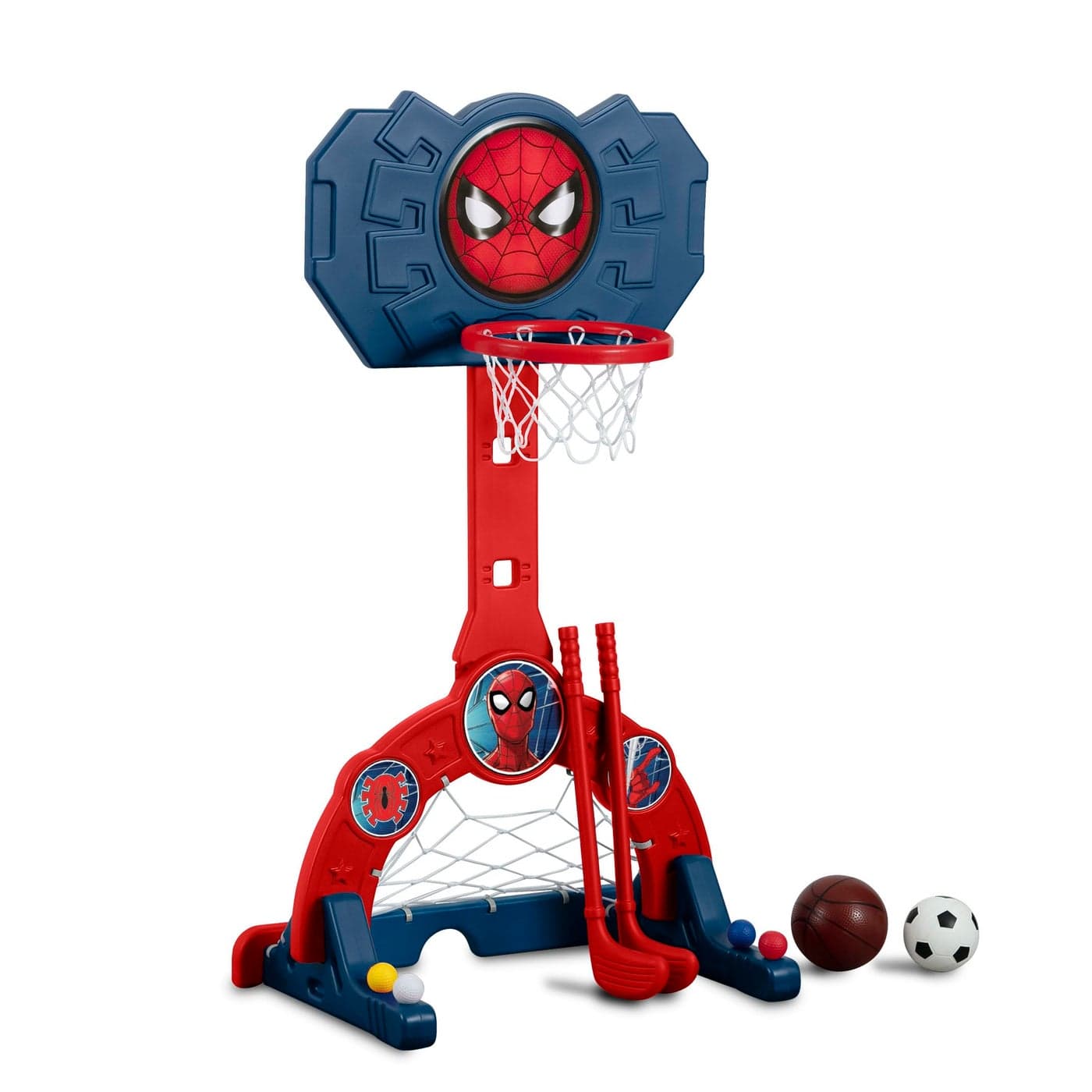 Delta Children Marvel Spider Man 4in1 Sports Center Adjustable Easy Score Basketball Hoop SoccerHockey Net and Golf Game RedBlue