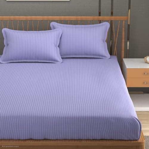 Blue Strip 220 TC Glace Cotton Satin Stripes Plain Bedsheet for Double Bed with Two Pillow Covers for Home/Hotels/Guest House,Size-90x90 Inches(Flat) (Levender)