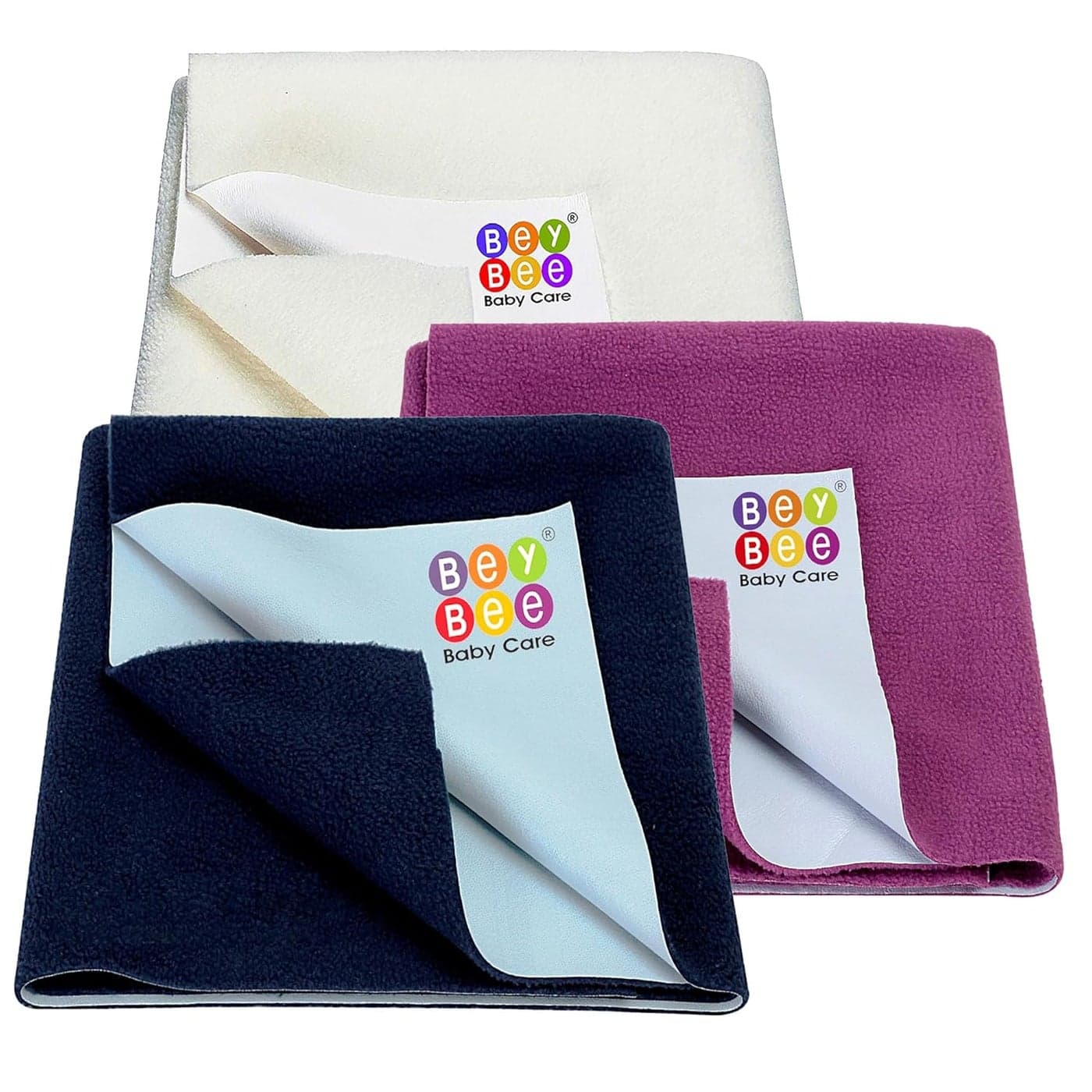 BeyBee Waterproof Quick Dry Sheet for BabyAntiPiling Fleece Extra Absorbent Washable Mattress ProtectorBed Protector Sheet for Toddler Large Combo 140X100CM Pack of 3 Dark Sea BlueIvoryRani Pink