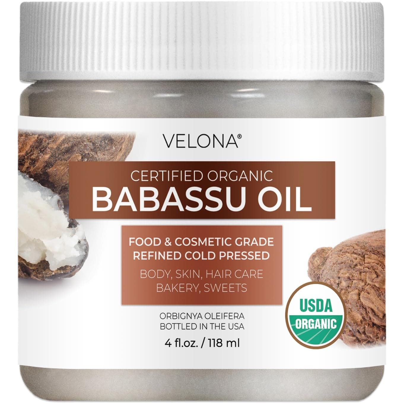 velona Babassu Oil USDA Certified Organic 4 Fl Oz 100 Pure and Natural Carrier Oil Refined Cold Pressed Face Hair Body Skin Care and Cooking Use Today Enjoy Results