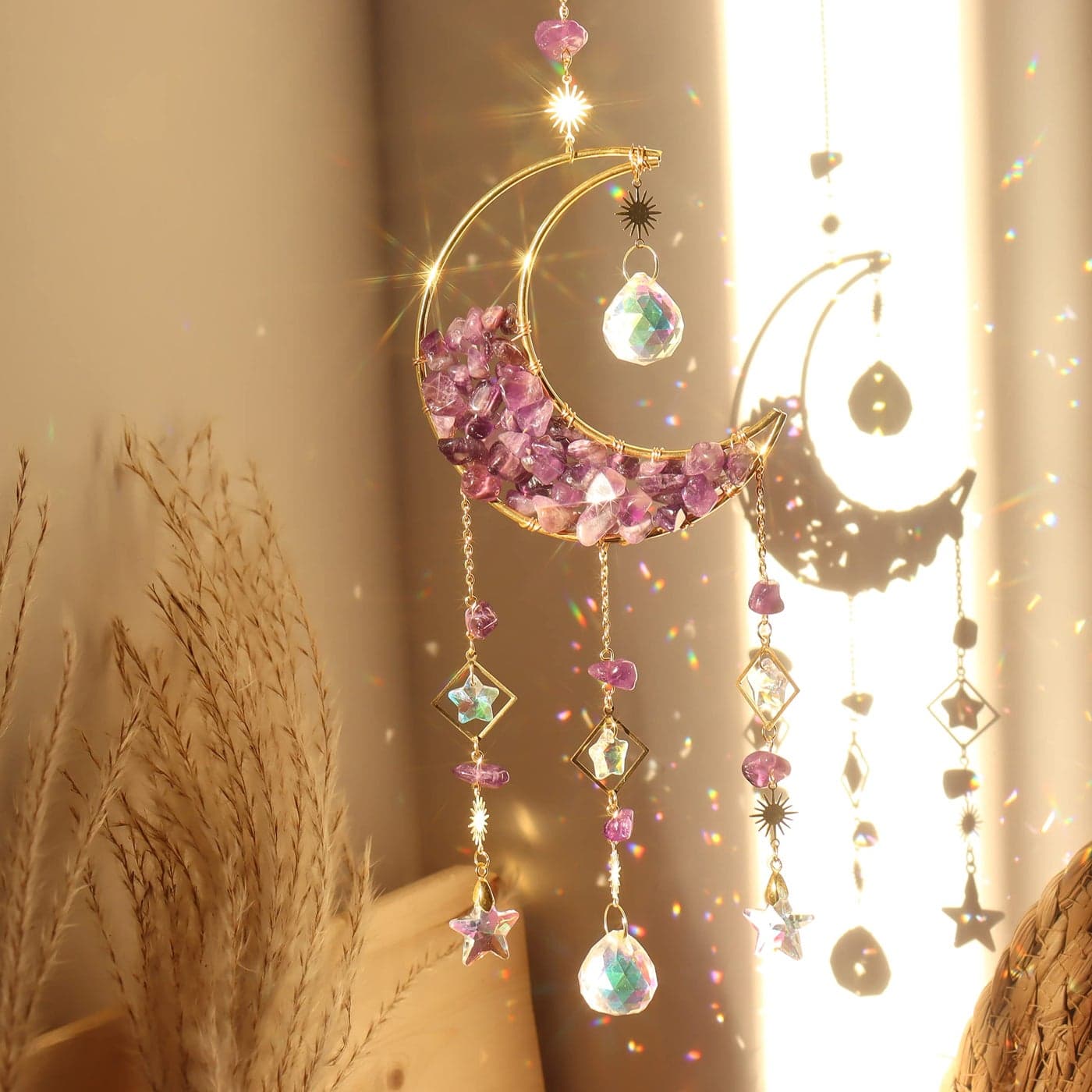 Amethyst Crystals Suncatcher Hanging Moon Sun Catcher with Glass Prisms for Windows Healing Amethyst Crystal Decor for Home Gift for Christmas Birthday Valentine Mothers Day