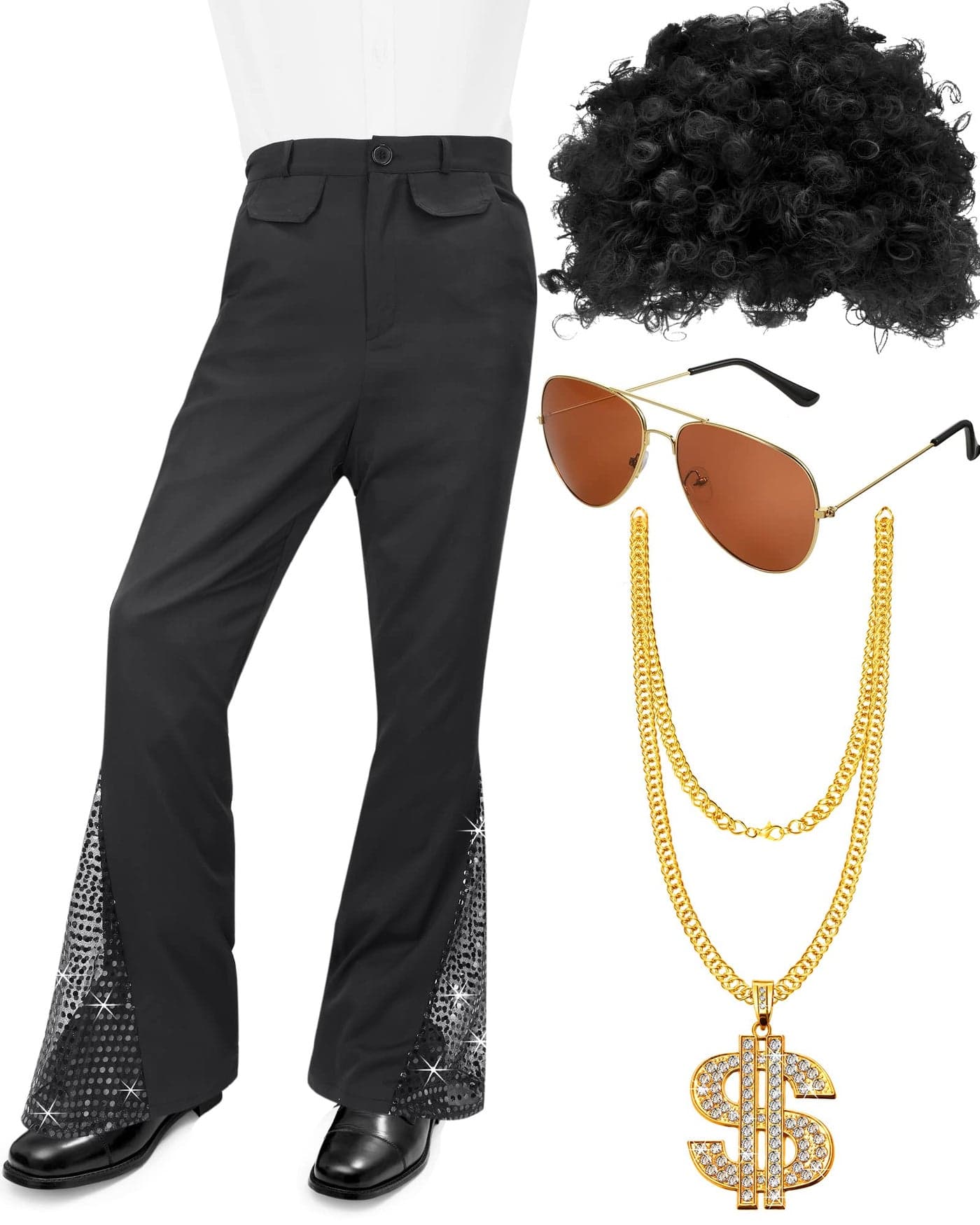 Mens 70s Disco Costume 70s Outfits Disco Pants Bell Bottom Pants with Wig Sunglasses Necklace for Halloween Cosplay PartySmall