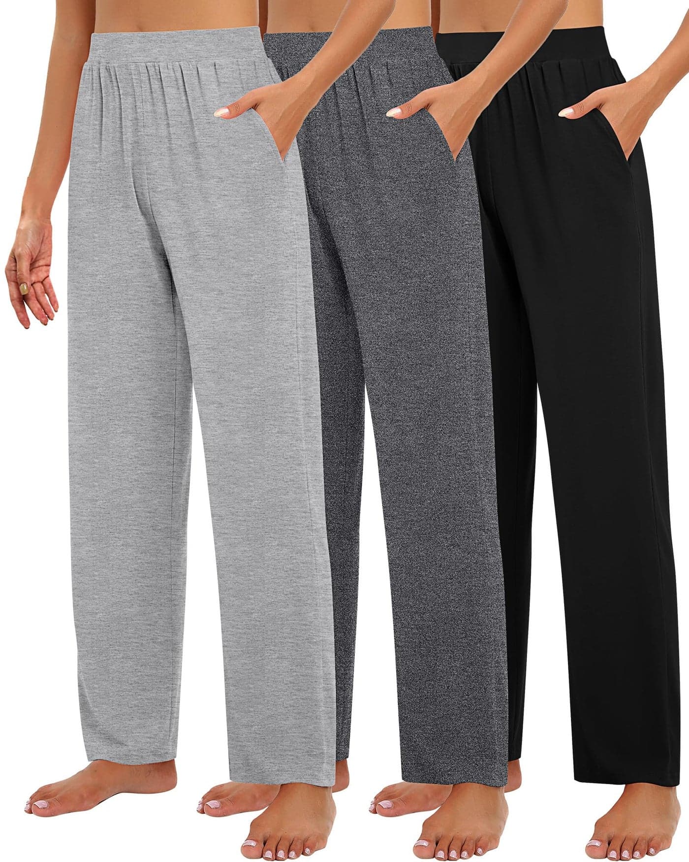 Huukeay 3 Pack Women's Lounge Pants, Cozy Wide Leg Lounge Slacks with Pockets Loose Flowy Yoga Sweatpant Workout Comfy Jogger(Black, Dark Gray, Light Gray,X-Large)