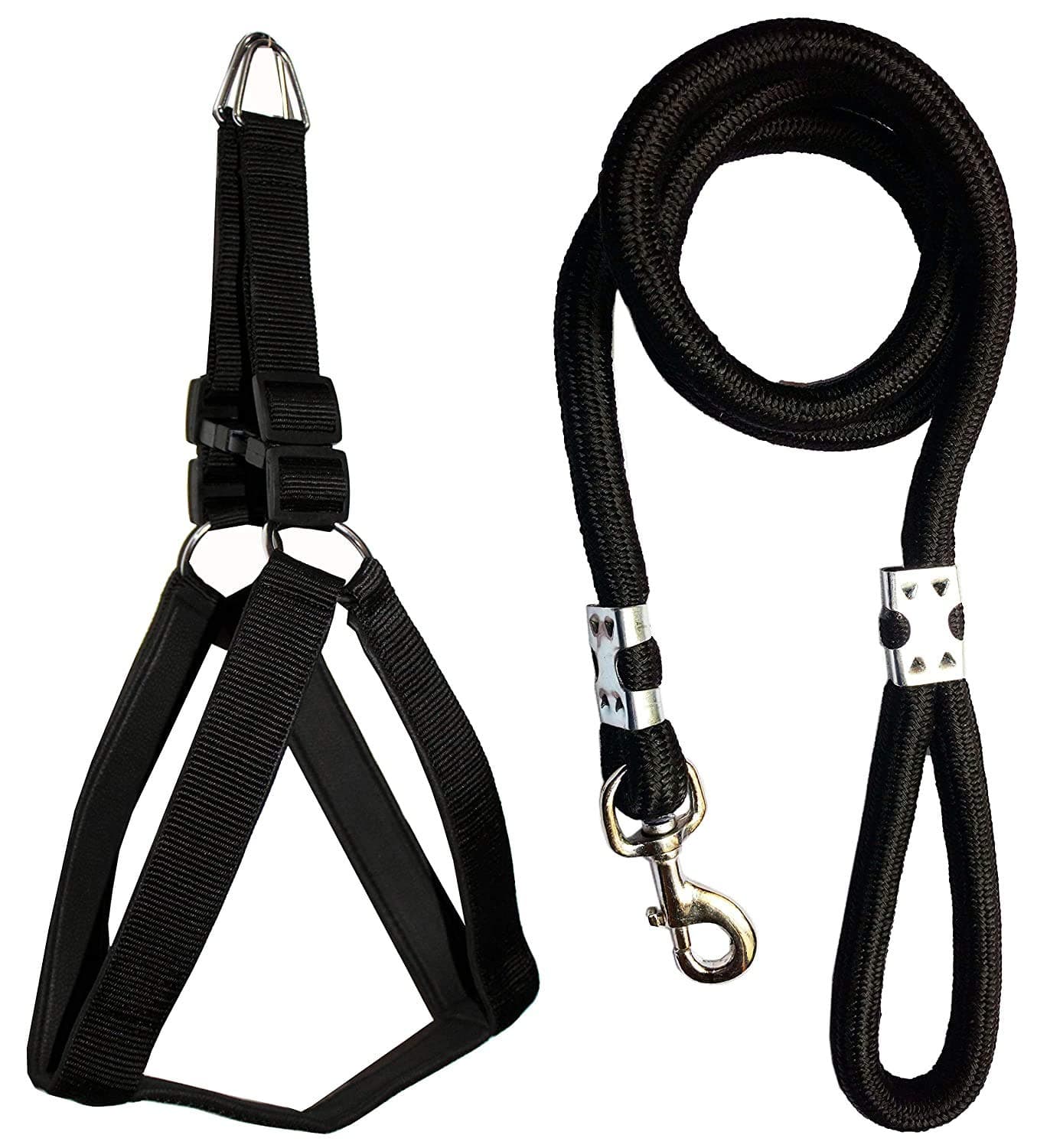 Smart Doggie™ Choke Free and Pulling Free Padded Easy Control Adjustable Nylon Chest Harness 1.50 Inch and 21mm Leash Rope for Large Dogs of All Breeds(XL) (Black)