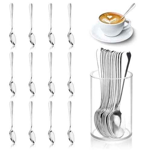 12 Pcs Mini Coffee Spoons with Holder 4.7 inch Demitasse Espresso Stainless Steel Spoon Tea Spoons set of 6 with Acrylic Cylinder Holder Small Coffee Spoon Silver for Cafe Bar Tea Party Home