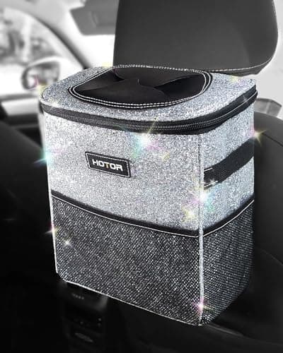 HOTOR Car Trash Can with Lid and Storage Pockets - 100% Leak-Proof Organizer, Waterproof Garbage Can, Multipurpose Trash Bin for Car, 2 Gallons, Sparkle White
