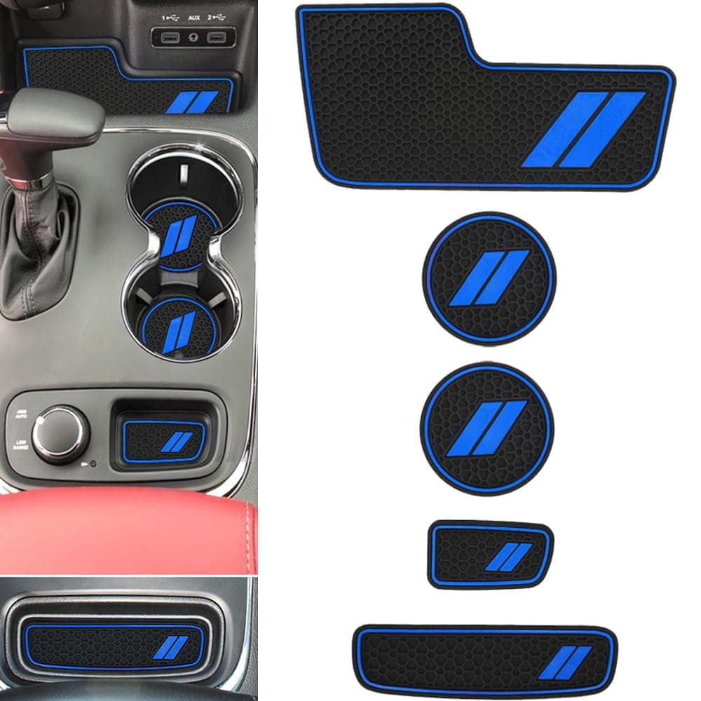 Auovo Center Console Mats for Durango Accessories 2014 2015 2016 2017 2018 2019 2020Auto Car Cup Holder Insert Coasters Custom Fit Silicone Cup Liners Pads Interior Trim 5pcsSet Blue