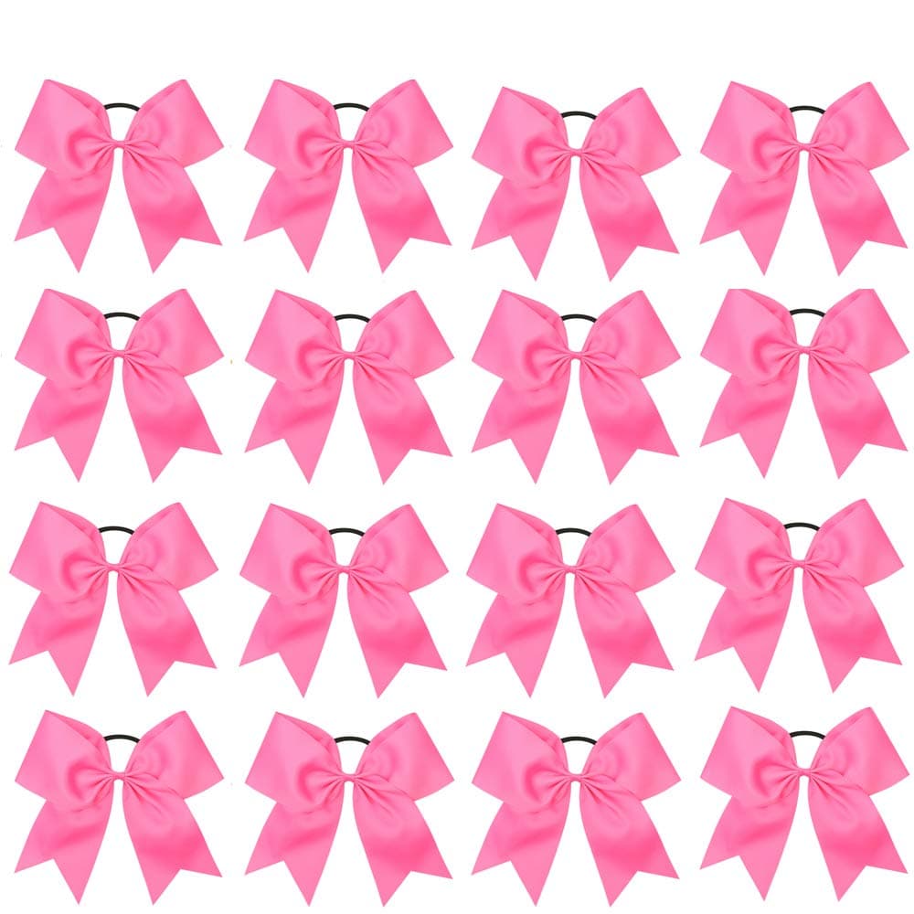 16PCS 8 Large Cheer Hair Bows Ponytail Holder Elastic Band Handmade for Cheerleading Teen Girls College Sports Hot Pink 1 Count Pack of 16