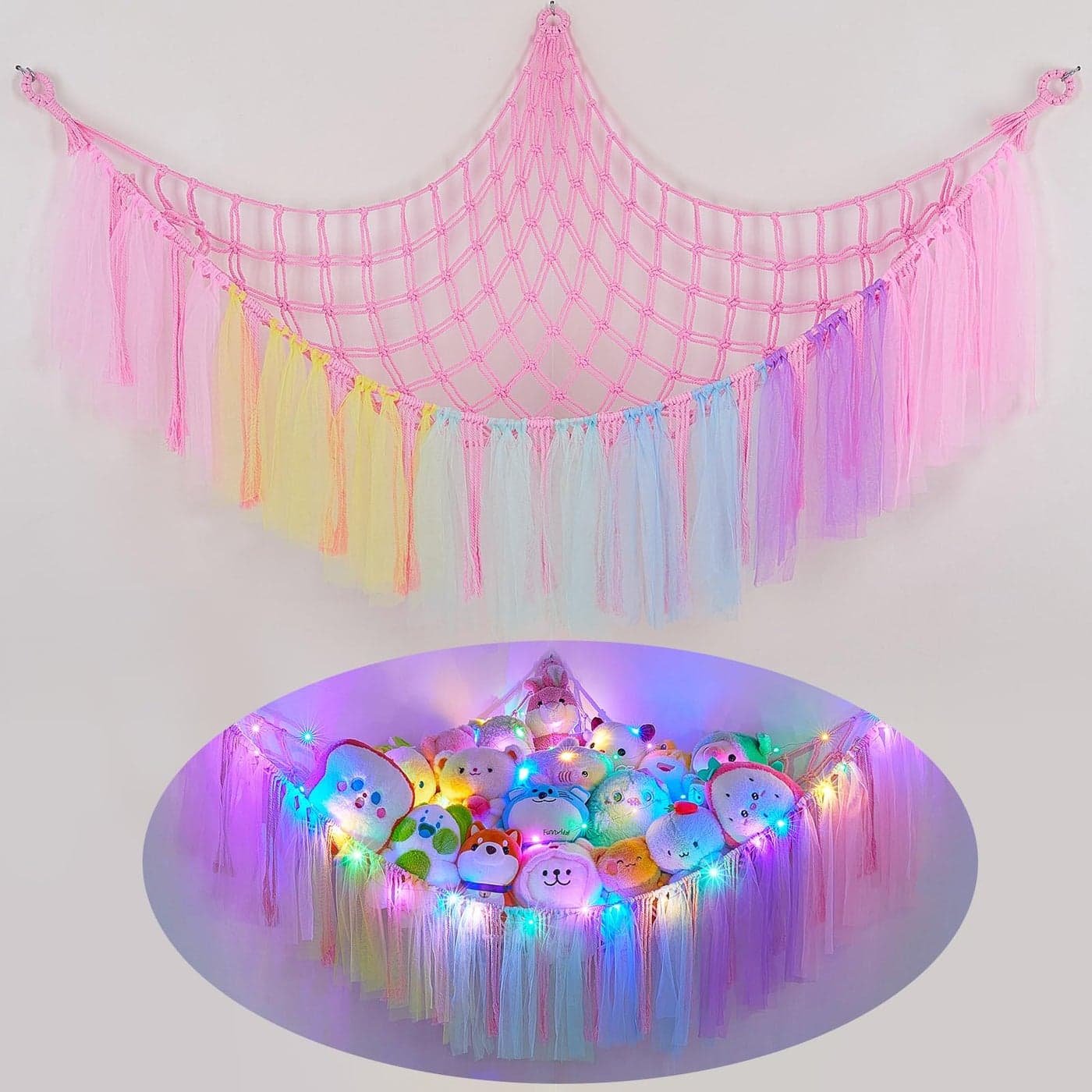 FIOBEE Stuffed Animals Net or Hammock with LED Light Toy Hammock Hanging Stuffed Animals Storage Organizer Holder Room Dcor for Nursery Kids Bedroom