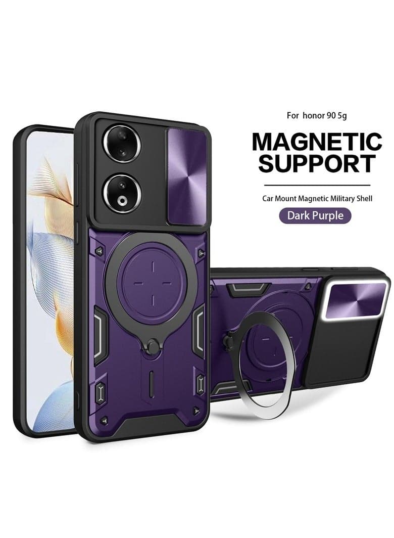 Honor 90 5G Purple Mobile Phone Case Cover, Slide Camera Lens Cover, 360°Rotating Kickstand Ring, Bumper Shockproof Phone Case,Compatible with Car Magnetic Mount