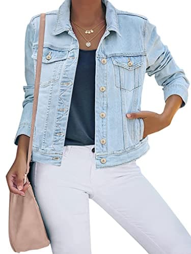 luvamia Women's Casual Basic Button Down Stretch Regular Fit Long Sleeves Denim Jean Jacket Azure Mood Size XX-Large