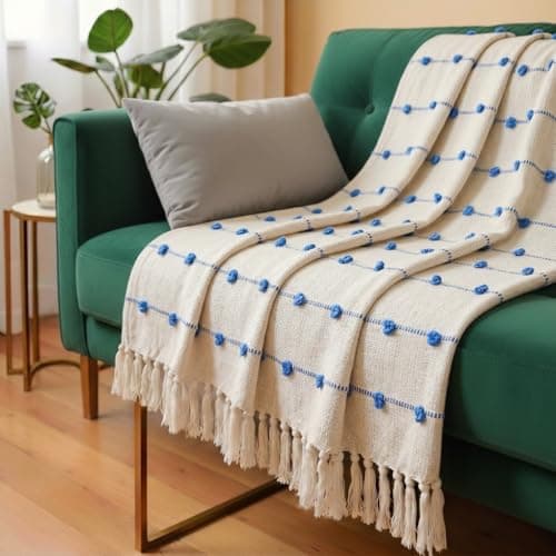 SAJAVAT HOME Hand Knitted Cotton Sofa Throw with Cushion Covers | Elegant Beige All-Season Throw Blanket with Matching Cushion Covers for Sofa, Couch & Bed | 80×52 Inches Throw & 18×18 Inches Covers