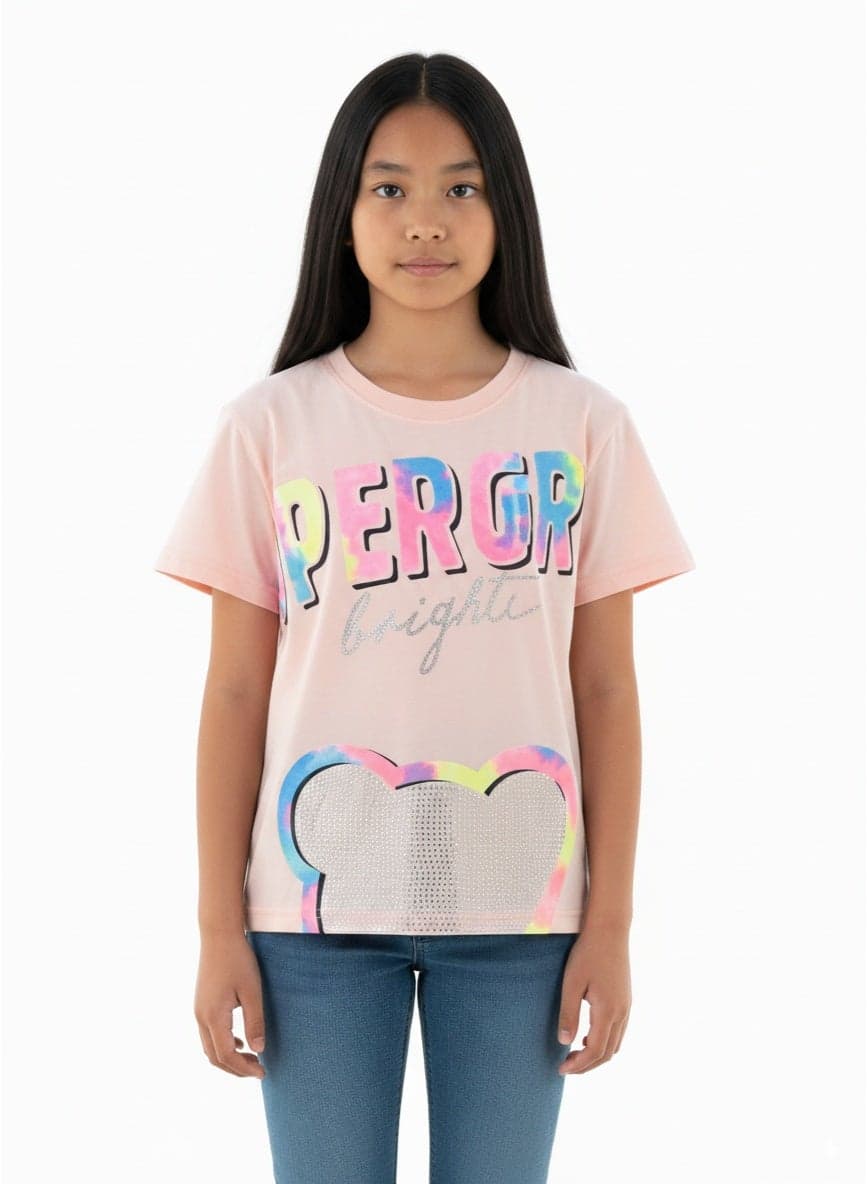 22KY067B Girl's Super Girl Brighter Print Round Neck Short Sleeve T-Shirt - Peach