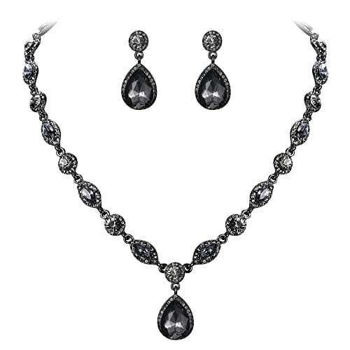 EleQueen Women's Wedding Bridal Jewelry Set for Brides Bridesmaids, Crystal Teardrop Necklace Dangle Earrings Jewellery for Party Prom Grey Color Black-Tone