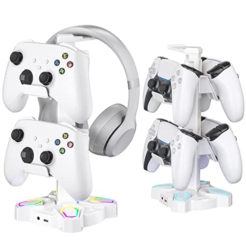 KDD Gaming Headphones Stand Rotatable Headset Stand with Light Modes Controller Holder with 2 USB Charging Ports and 35mm Earphone Hanger Accessories for Desktop GamerWhite