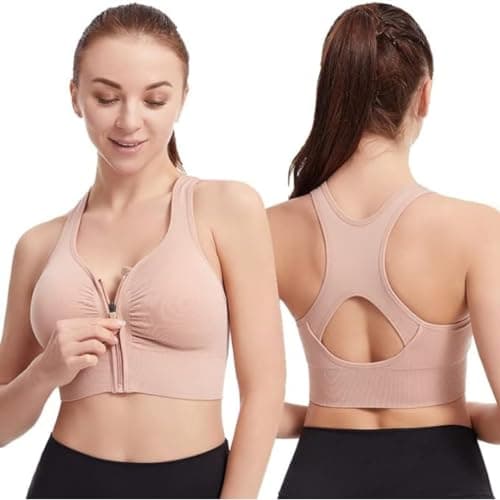 GLAMORAS Nylon Elastane Women Padded Wirefree Front Zip Closure Sports Bra Medium Impact Yoga Bras Racerback Workout Gym Bra, Size- S-3XL Beige