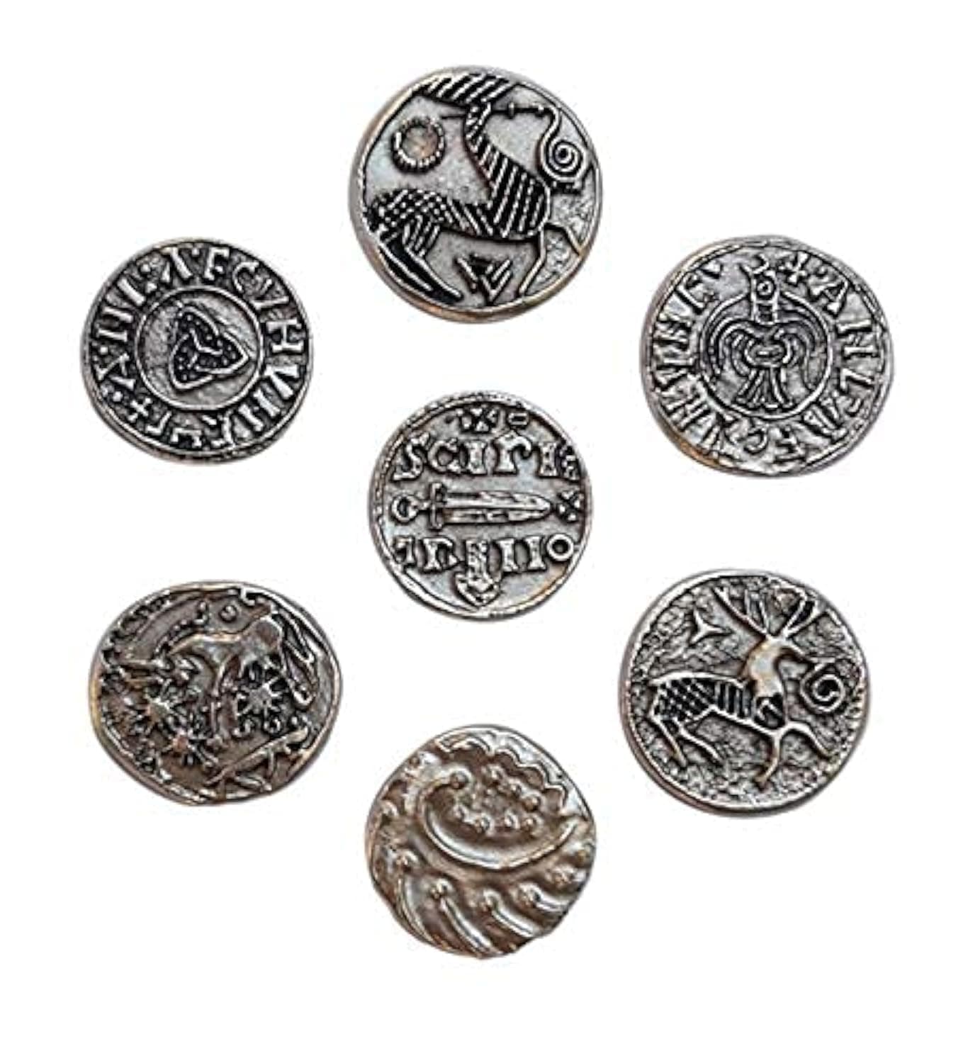 Eurofusioni Viking Coins Artefacts Silver Plated Hanging Ornament. Original Gift Gadget idea for Fans, Cosplay, Fantasy. Set of 7 Replica coinage Treasure of The Vikings