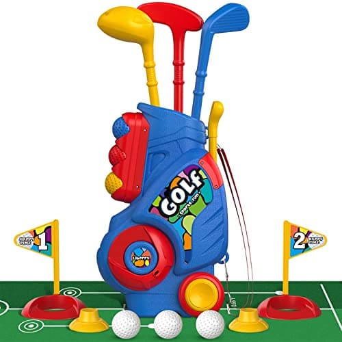 Liberry Toddler Golf Set with Putting Mat for 2 3 4 Years Old Boys Girls Upgraded Kids Golf Cart with Unique Shoulder Strap Design Indoor and Outdoor Golf Toys Gifts