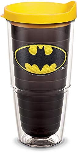 Tervis DC Comics Batman Emblem Made in USA Double Walled Insulated Tumbler Travel Cup Keeps Drinks Cold & Hot, 24oz, Quartz - Yellow Lid