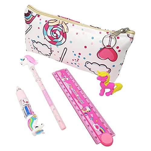 PARTEET Combo Pack of Stationery Set - Stylish Pencil Pouch/Stationery Pouch with Unicorn Water Pen, Unicorn Pencil,Unicorn Eraser and Scale for Kids (Pack of 5 Items)(Multi)