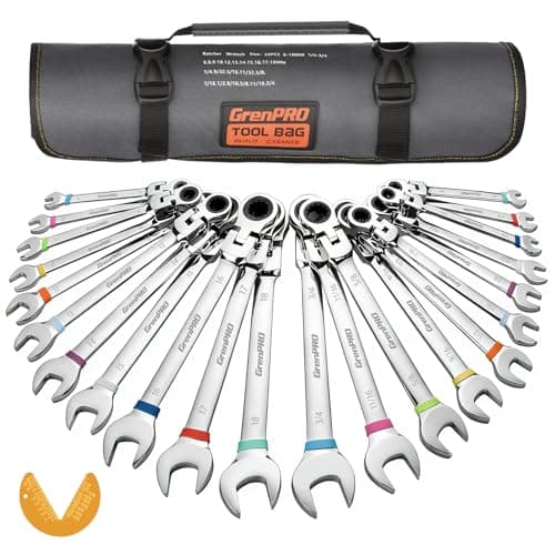 GRENPRO Ratchet Wrenches Set, 23PC Flex Head Ratcheting Wrench Set Metric and Standard & SAE, 6-18mm & 1/4" to 3/4" with Color Ring, CRV Open End Tool Organizer Pouch, Combination Ratchet Wrench Sets