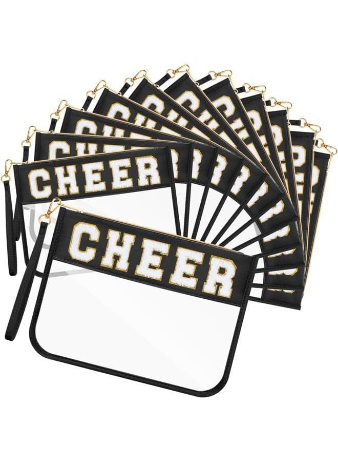 12 Pcs Snack Bags Clear Chenille Letter Cheer Zipper Pouch Waterproof PVC Large Travel Makeup Cosmetic Storage Organizer Bag for Mom Team Cheerleaders Teacher (Black)