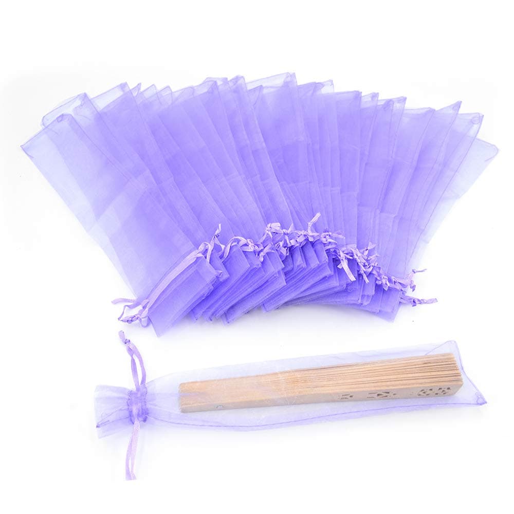 Bezall 50Pcs Light Purple Organza Hand Fan Bags 2x10 Inches Folding Drawstring Gift Pouch for Party Wedding Favors