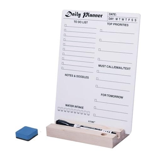 KITOME to Do List Planner – Acrylic Dry Erase Daily Planner Board (24x18 cm), Double-Sided Desk Organizer with Wooden Base, 1 Marker & Duster for Home, Office & Study Table.
