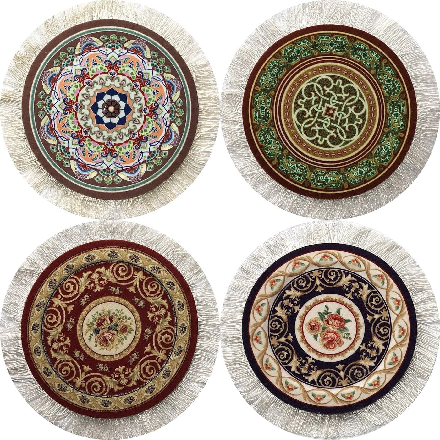 Rug Coasters Set of 4 Turkish Carpet Style Table Drink mats Absorbent Kitchen and Dining Accessories Spill drip Protection Round