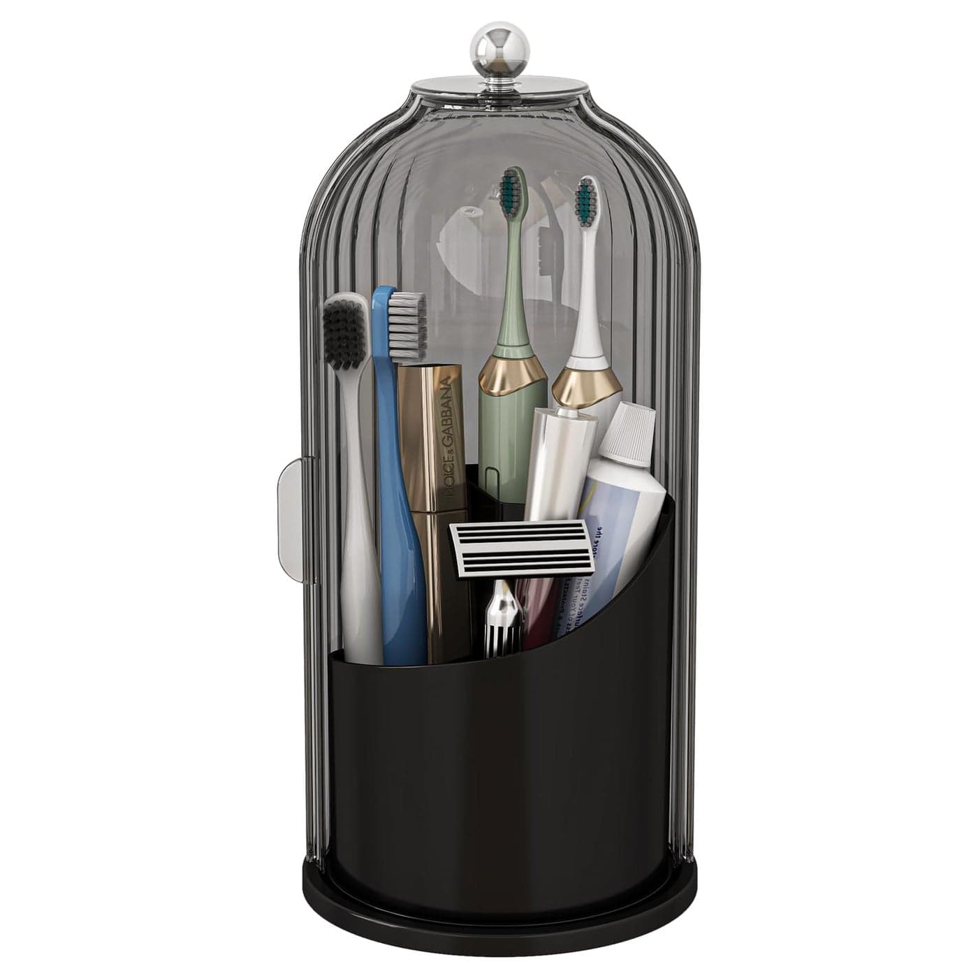 Zufudo Dustproof Toothbrush Holders with Cover Rotating Electric Toothbrush and Toothpaste Holder for Bathroom Countertop 3 Slots Makeup Brushes Organizer Grey Black