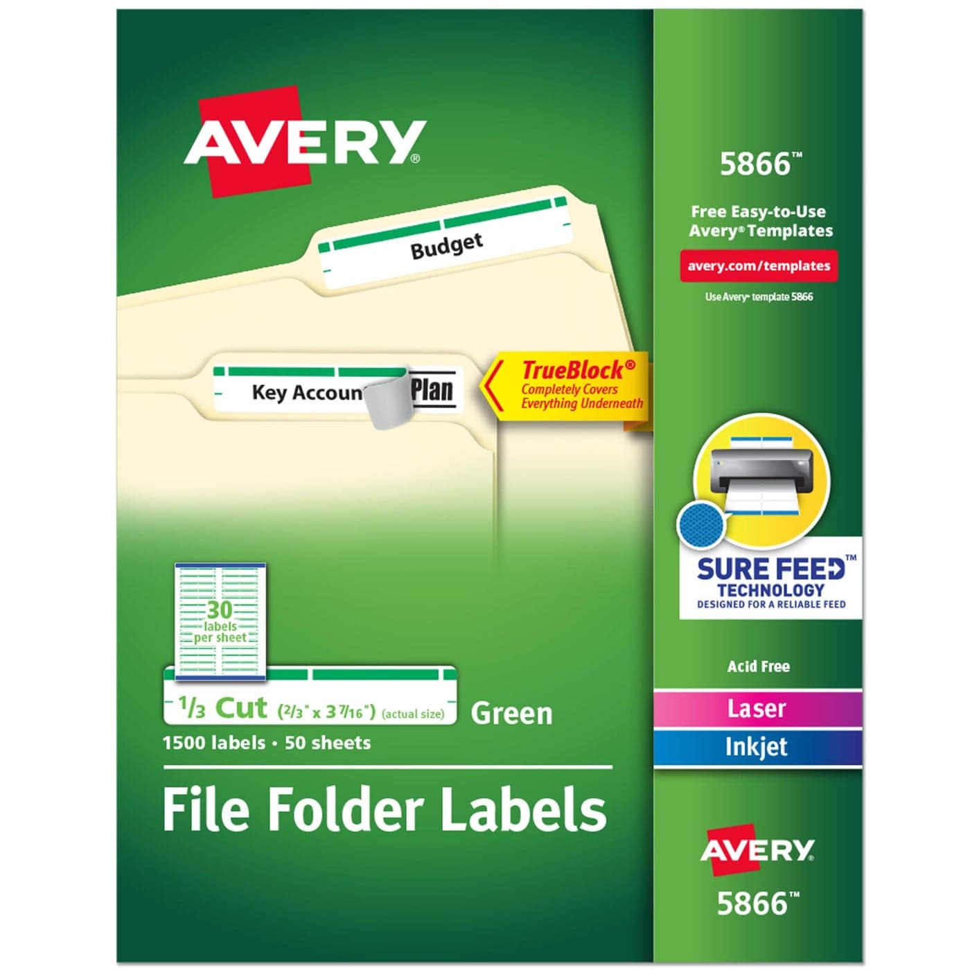 Avery Green File Folder Labels for Laser and Inkjet Printers with TrueBlock Technology 23 inches x 3716 inches Box of 1500 5866