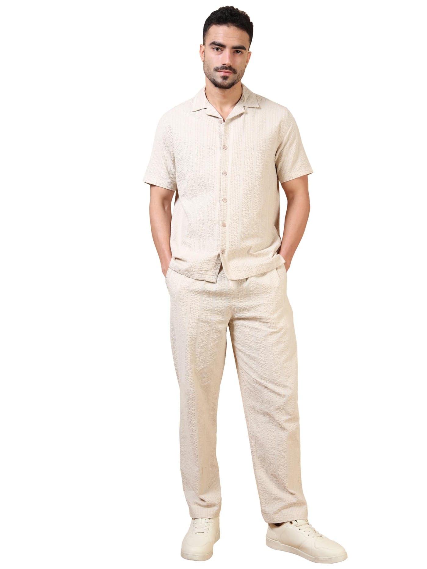 StitchX Men’s Airport Look Textured Seersucker Resort Cotton Shirt & Trouser Co-Ord Set Ecru Ivory XL
