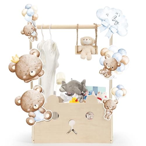 Cinnvoice Baby Shower Bear Gift Baskets with Hanger Rack Wooden Crate Closet Bear Cards Decoration Crate for Baby Boys Girls Pregnancy New Parent GiftsBlueIts A Boy