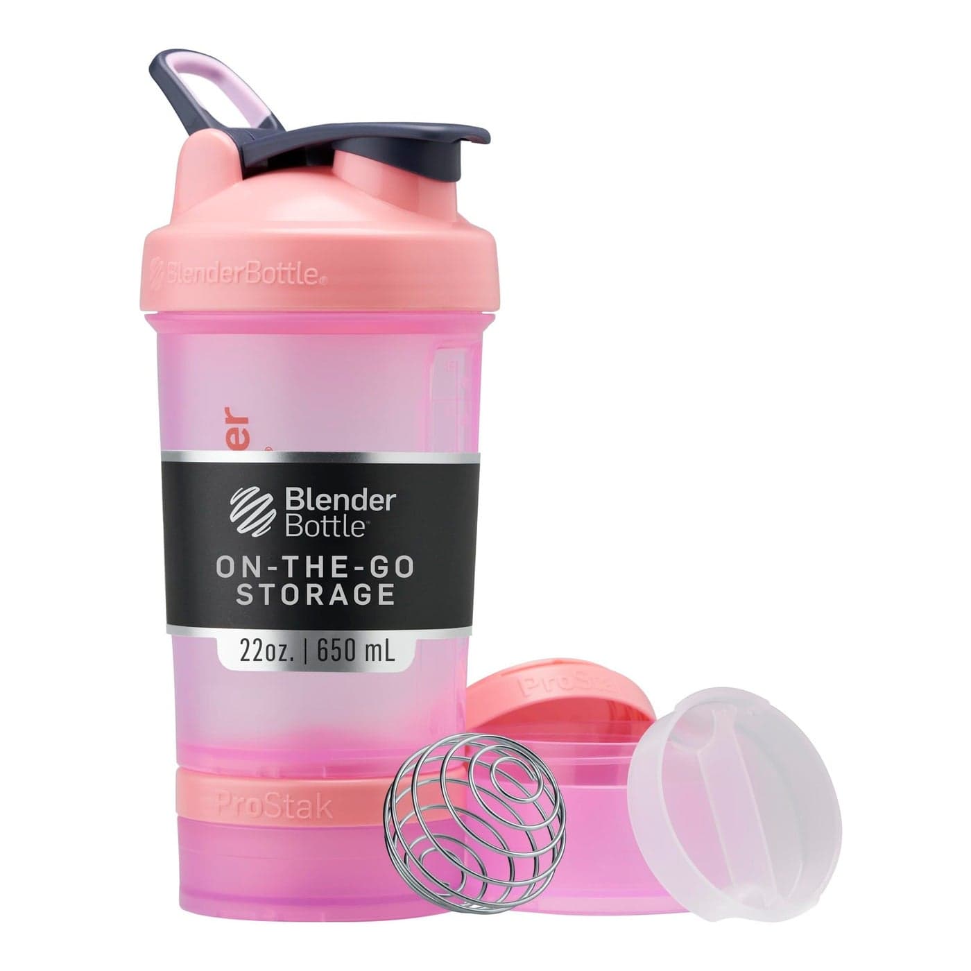BlenderBottle Shaker Bottle with Pill Organizer and Storage for Protein Powder Classic V2 ProStak System 22Ounce Pink