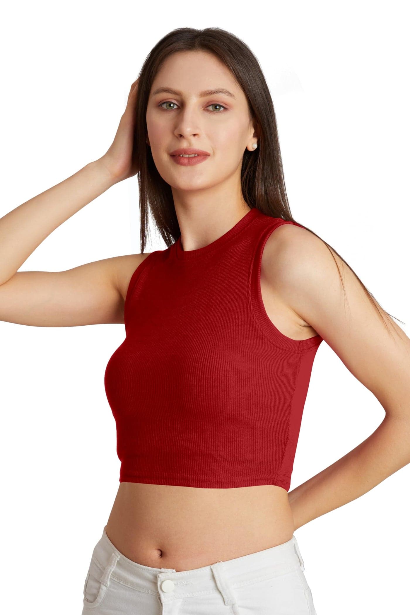 BERRY BIRD® Stylish Sleeveless Round Neck Ribbed Tank Tops for Women & Girls Slim Fit Collarless Beach, Gym Wear and Western Trendy Fashion Red