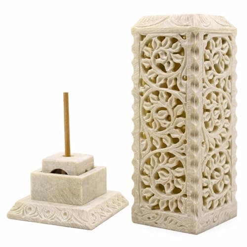 KC KULLICRAFT Handmade Soapstone Marble Dhoop Batti & Agarbatti Stand – Handcrafted Incense Stick Burner Holder with Ash Catcher for Puja with Antique Flower Carving (Pack of 2)