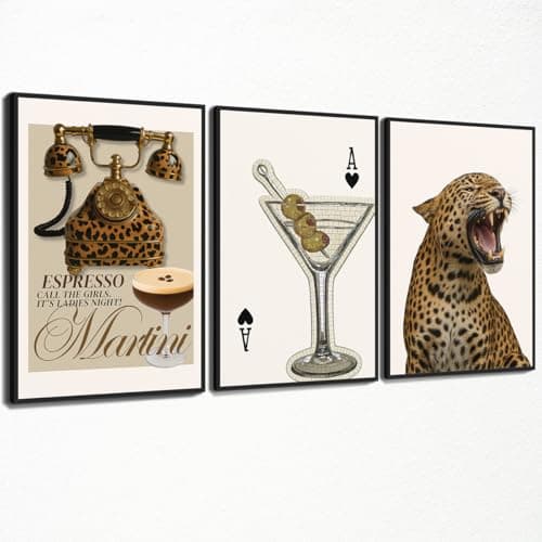XMJJQQ Fashion Cheetah Painting Poster, Leopard Telephone & Espresso Martini Canvas Wall Art, Spade Poker Cocktail Picture Bar Cart Wall Decor, Set of 3 Chic Girly Dorm Bedroom Print 12x16in Unframed