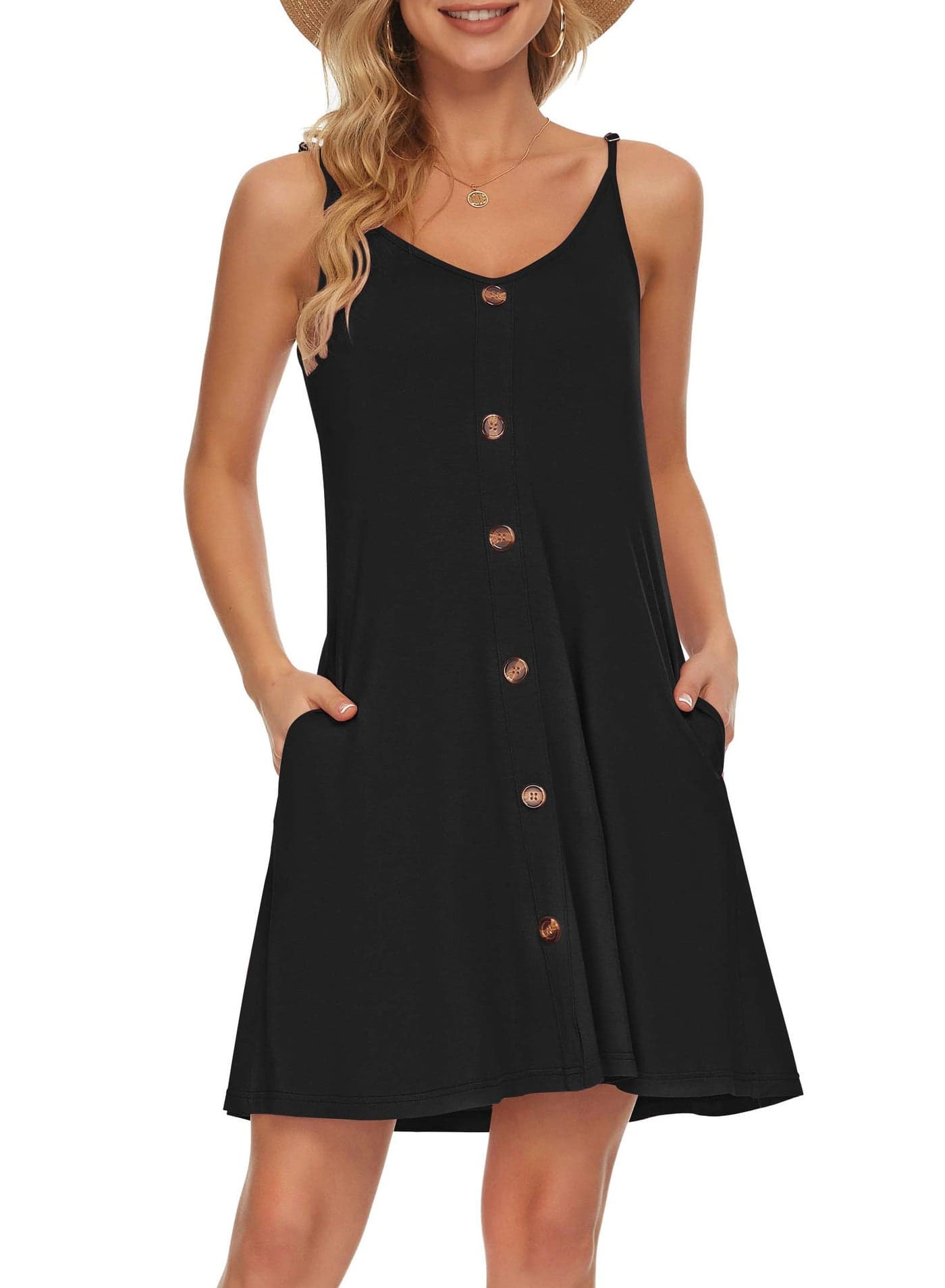 MISFAY Women's Summer Spaghetti Strap Casual Swing Tank Beach Cover Up Dress with Pockets(Black,M)