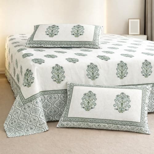 elanorhomes Cotton Double King Size Bedsheet | Hand Printed | Ultra-Soft & Skin-Safe | Breathable Summer Comfort | 90x108 inches with 2 Pillow Covers (Green Fulwari Print)