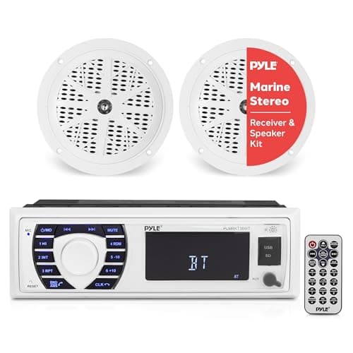 Pyle Marine Receiver & Speaker Kit - In-Dash LCD Digital Stereo Built-in Bluetooth & Microphone w/ AM FM Radio System 5.25’’ Waterproof Speakers (2) MP3/USB/SD Readers & Remote Control - PLMRKT36WT