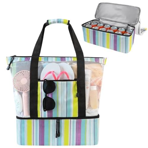 ASL Mesh Beach Bag with Cooler Compartment for Women 2in1 Print Travel Tote 30L with Zipper and Pockets Pool Picnic Blue Vertical Stripes