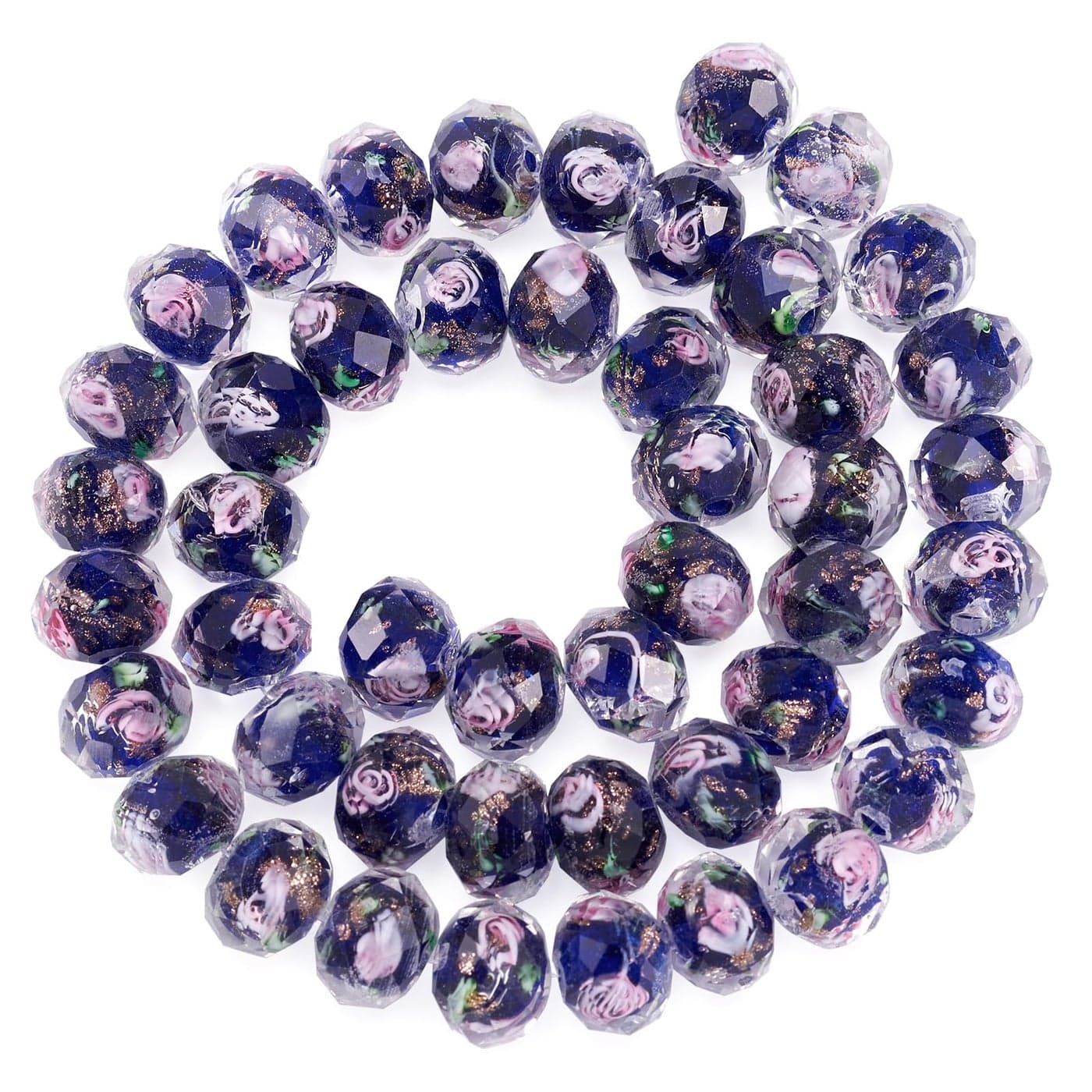 Craftdady 60Pcs Gold Sand Lampwork Glass Beads Faceted Rondelle Craft Spacer Beads Polished Handmade Floral Pattern Loose Beads for Jewelry Necklace Earring Bracelet Midnight Blue