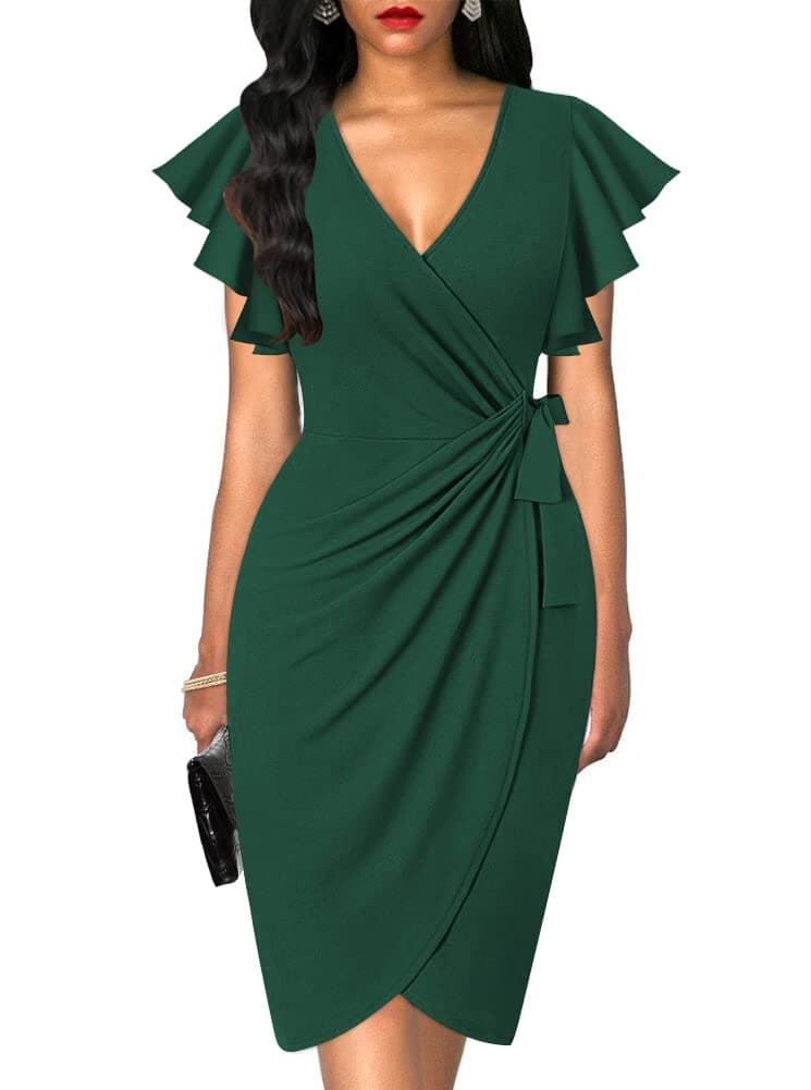 oten Womens Casual Ruffle Sleeves V Neck Dresses Pleated Office Work Party Wrap Around Dress Dark Green X-Large