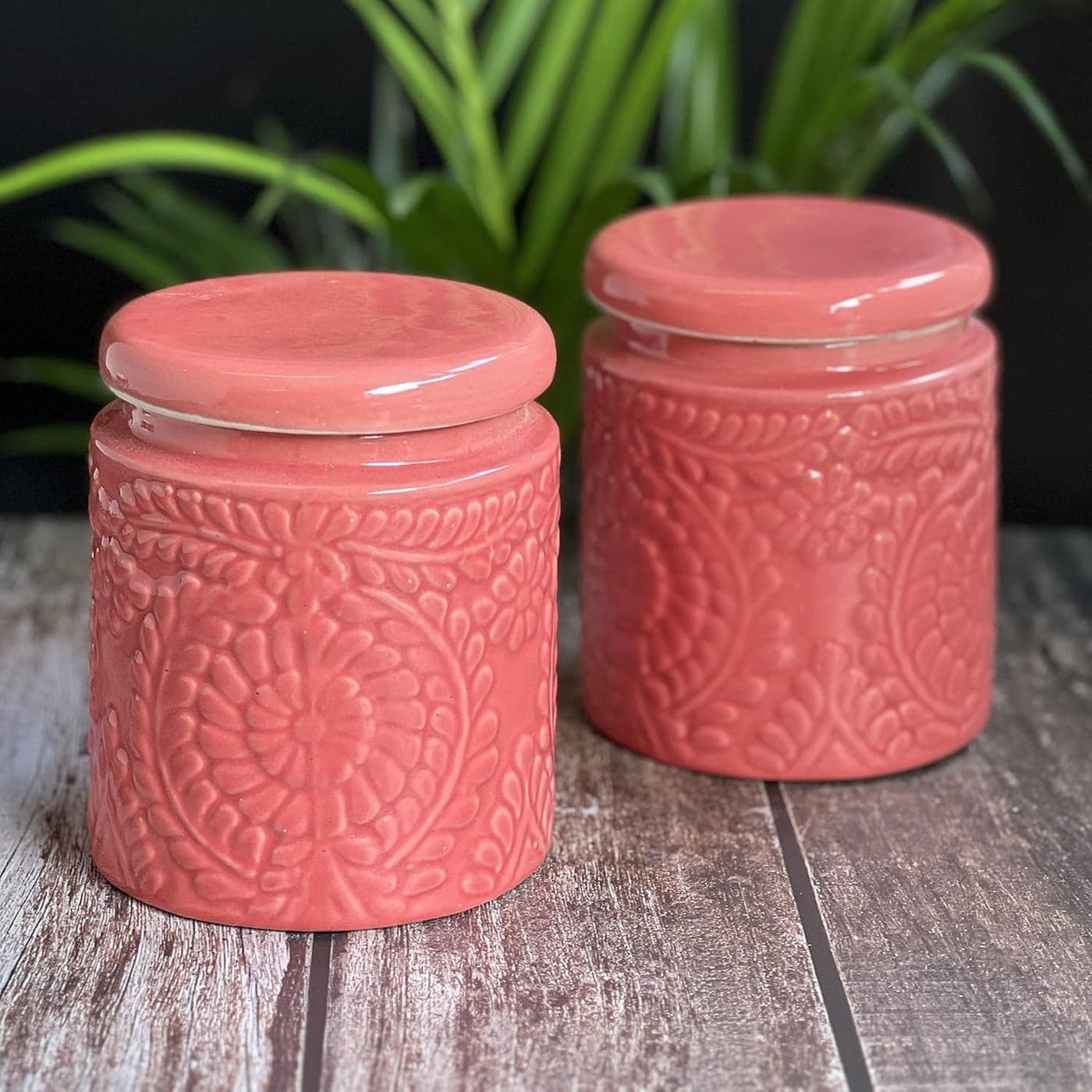 BACKKSPACE RETAIL Ceramics Storage Jars Set of 2 Each with 1kg Capacity -Pink | Ideal for Organizing and Storing Kitchen Essentials | Jars for Dining Table, Salt Containers, Sugar Storage