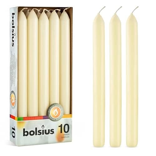 BOLSIUS Ivory Dinner Candles - 10 Pack Unscented 9 Inch Straight Taper Candle Set - 8 Hour Burn Time - Premium European Quality - Smokeless And Dripless Household, Spa, Wedding, And Party Candlestick