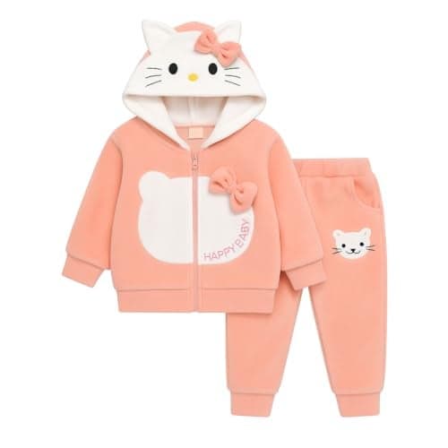 Bold N Elegant Baby Girl Winter Micro Fleece Hoodie & Jogger Set Warm Zipper Sweatshirt & Pants | Cute Cat Design Winter Outfit for Infant Toddler Baby Girls