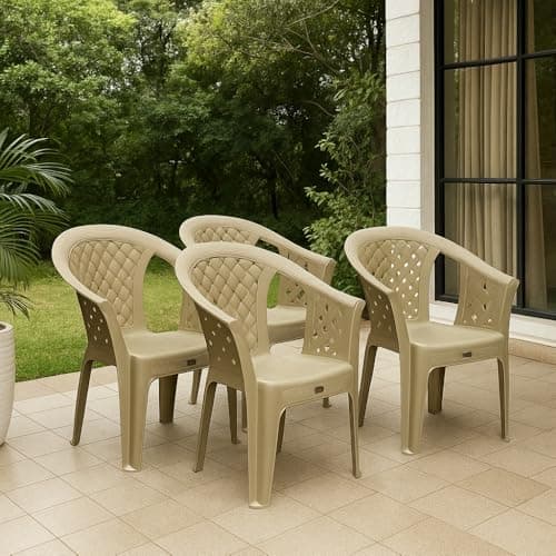 Supreme chairs Grand Plastic Chair – Durable & Comfortable Multipurpose Seating for Home, Garden, Office – Lightweight, Stackable & Easy to Clean- Dark Beige, Set of 4