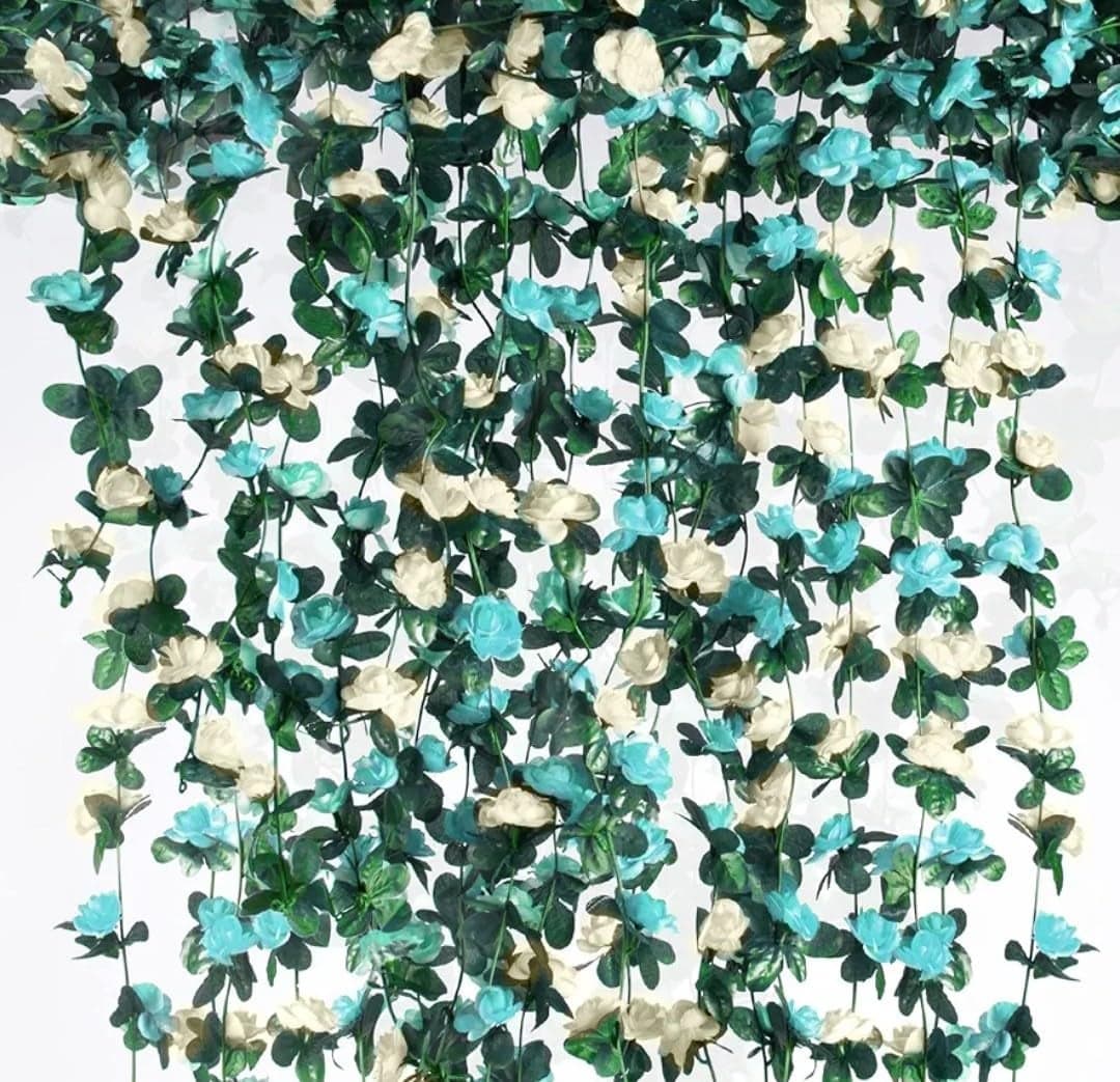 VRB Dec 2 Pcs Artificial Flowers Vine Silk Roses Garland Fake (6 ft Long) Flowers Silk Roses Garland for Wedding Decorations Diwali/Ganpati/Christmas Garden Wall Valentine (Sky Blue Rose Garland)