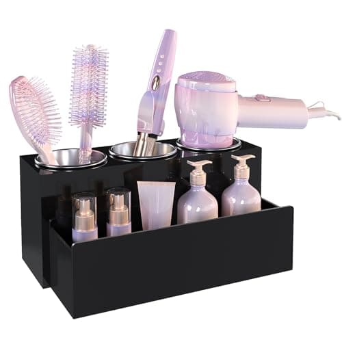 PITBVO Hair Tool Organizer, Removable Blow Dryer Holder for Bathroom, Hot Tools Organizer For Hair Dryer, Blow Dryer, Curling Iron, Hair Straightener, Bathroom Countertop Organizer, Glossy Black