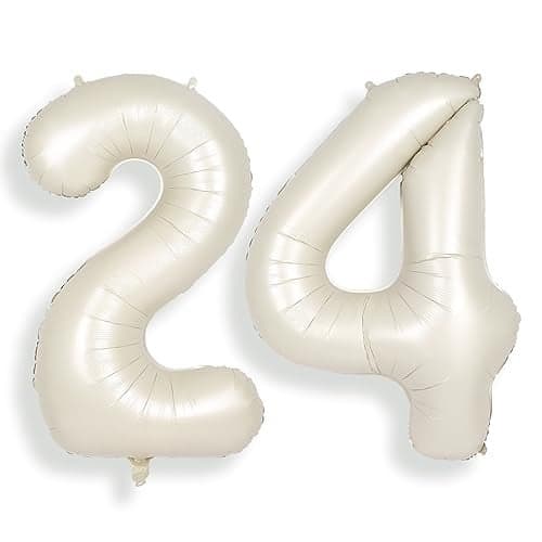 SUWEN 40 Inch Large Cream White 24 Number Balloons Big Foil Helium Number Balloons 09 Jumbo Happy 24th Mylar Birthday Party Decorations for Women or Men 42 Anniversary Party Supplies